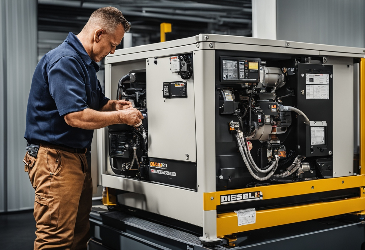 A technician doing routine checks on a diesel generator set